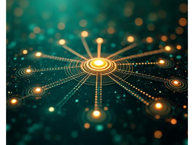 An intricate, glowing diagram representing a complex AI technology stack with nodes for machine learning, NLP, data security, and real-time data processing, against a dark, futuristic background.