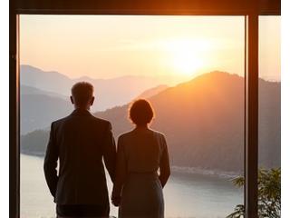 Couple looking out at a serene landscape from a modern home, symbolizing secure retirement planning and future peace.