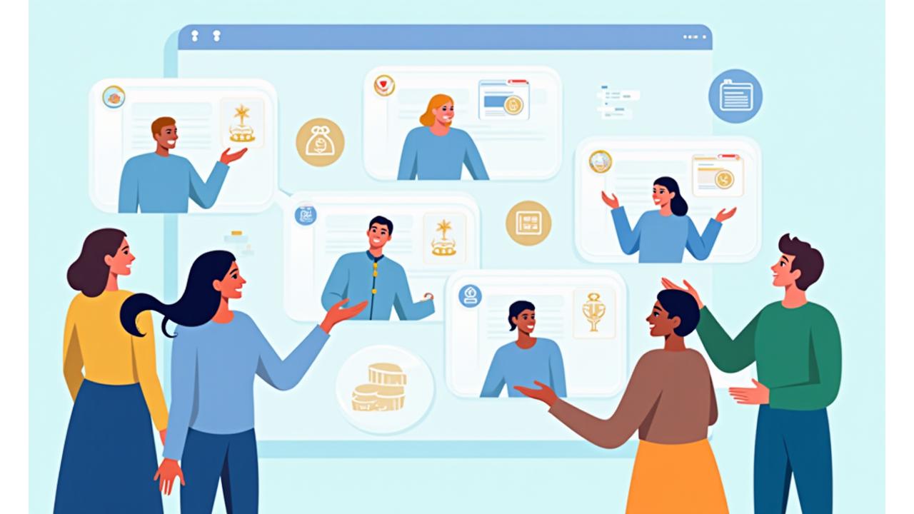 Illustration of a diverse group of people interacting in an online forum, with speech bubbles and game-like badges, on a screen.