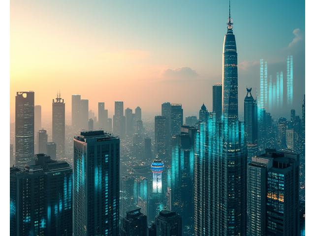 Modern financial district of Singapore with growth charts overlay